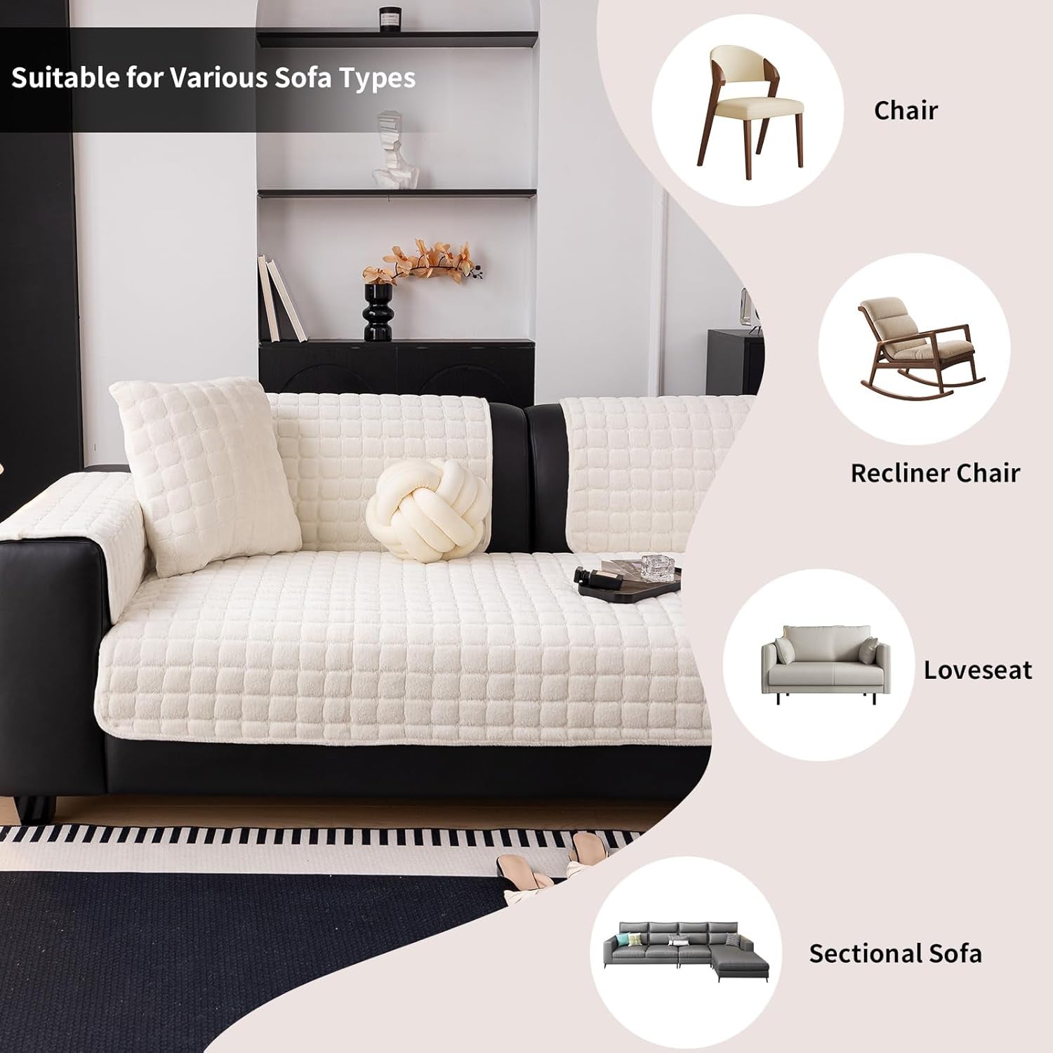 Velvet Sofa Cover – 36×63", Beige White