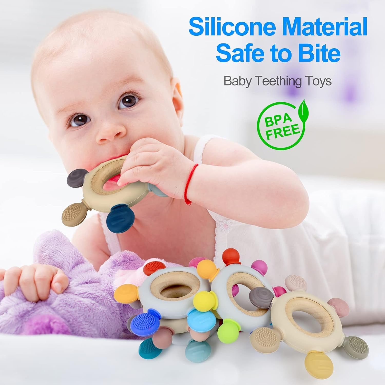 Baby Teething Toys Silicone Teethers BPA Free Silicone Rudder with Wooden Ring Soothe Babies Gums (Gray)