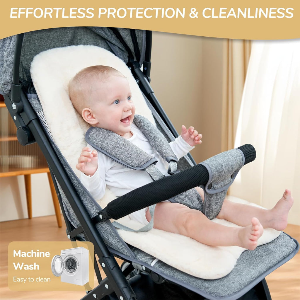 Stroller Seat Liner Faux Fur Car Seat Cushion - Universal 5-Point Harness Pad with Safety Slots Fit 29.5" X 14.2" Winter Warm Plush Pad for Strollers