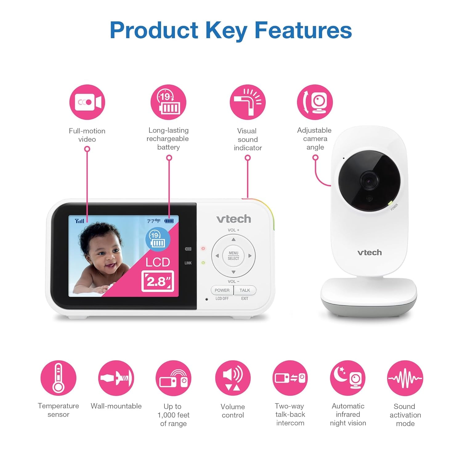 VM819 Baby Monitor with Camera and Audio, 2.8” Screen Portable Baby Camera, Night Vision, 2-Way Audio, Temperature Sensor and Lullabies, Secure Transmission No Wifi, Ideal for Baby/Elderly/Pet