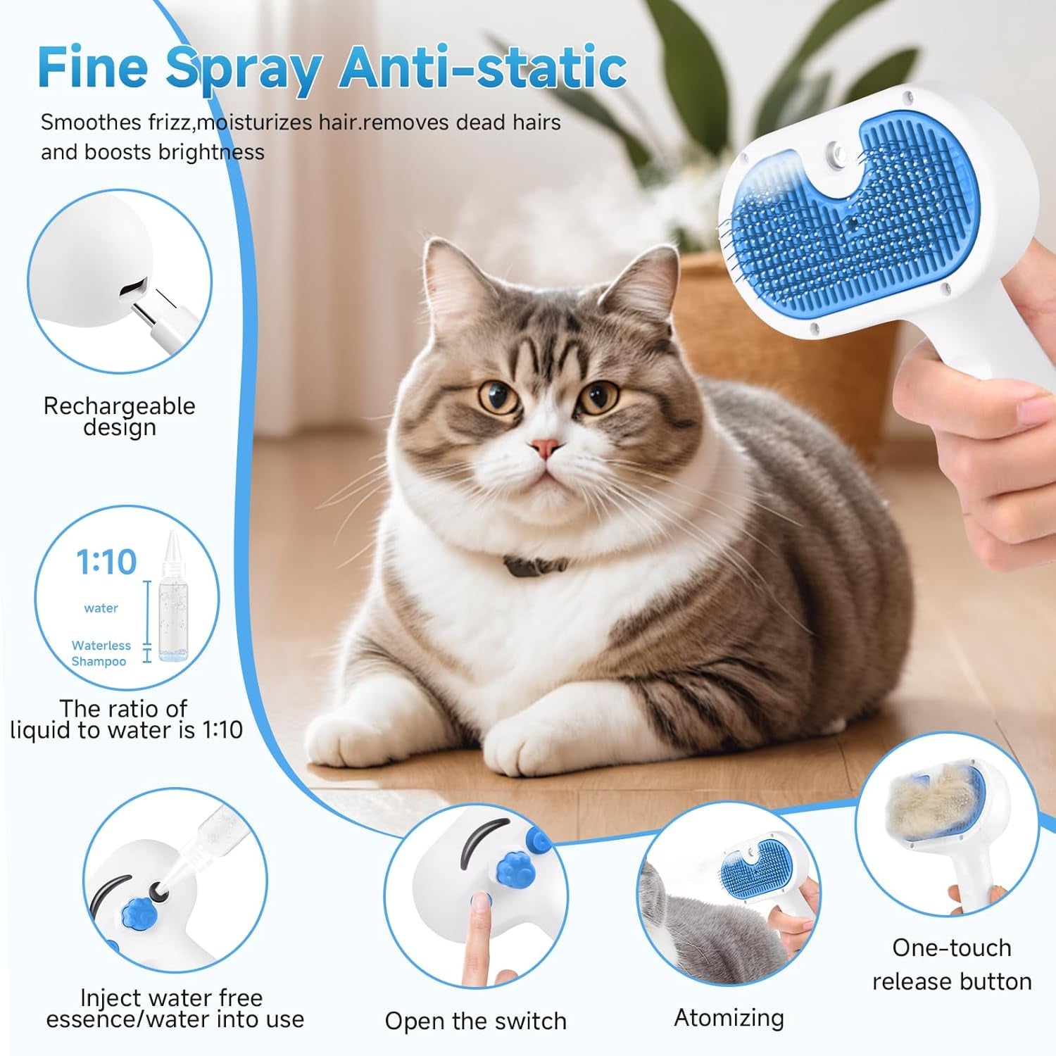 3-in-1 Pet Steam Grooming Brush – Blue