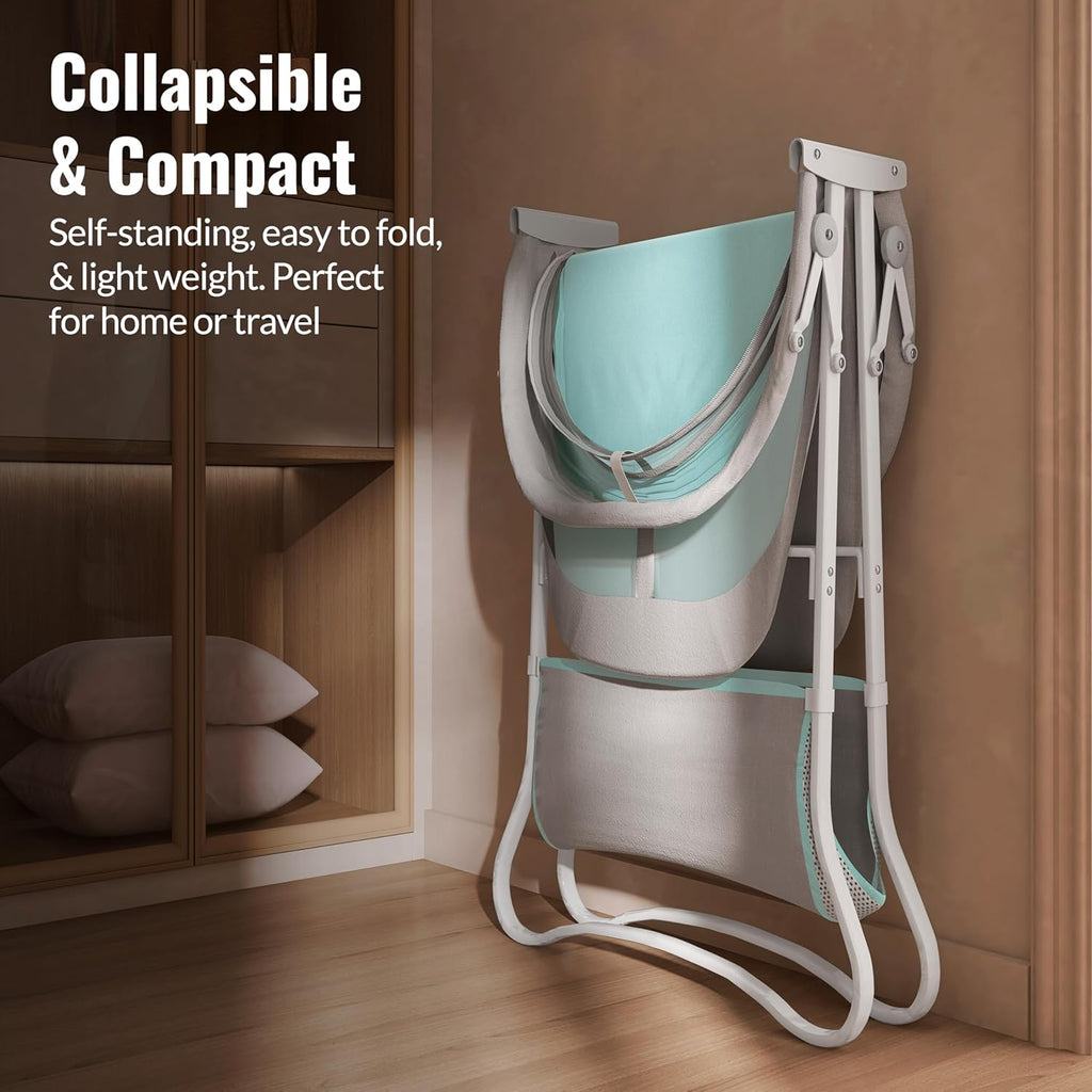 Karley Bassinet, Award Winner Lightweight Travel Baby Bassinet, Foldable Bedside Sleeper, Adjustable Double Canopy, Spacious Design, Soft Fabric, Storage Basket – Blue and Grey