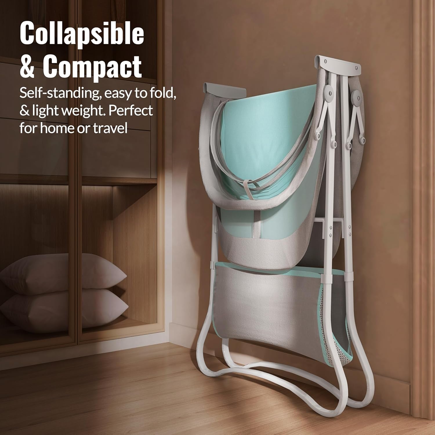 Karley Bassinet, Award Winner Lightweight Travel Baby Bassinet, Foldable Bedside Sleeper, Adjustable Double Canopy, Spacious Design, Soft Fabric, Storage Basket – Blue and Grey