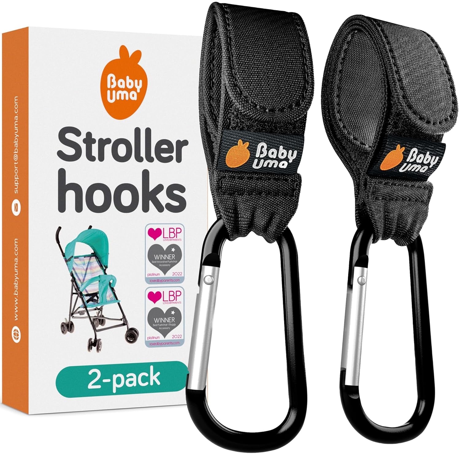 Stroller Hooks for Bags (2 Pack) - Universal Stroller Clips and Hooks, Non-Slip with One-Hand Opening, 11 Lb Weight Capacity, Baby Travel Essential