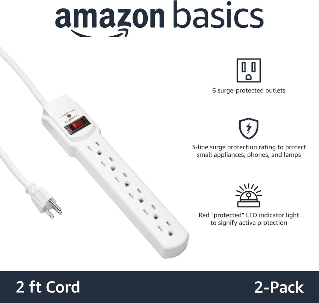 6-Outlet Surge Protector – 2-Pack White, 2Ft Cord