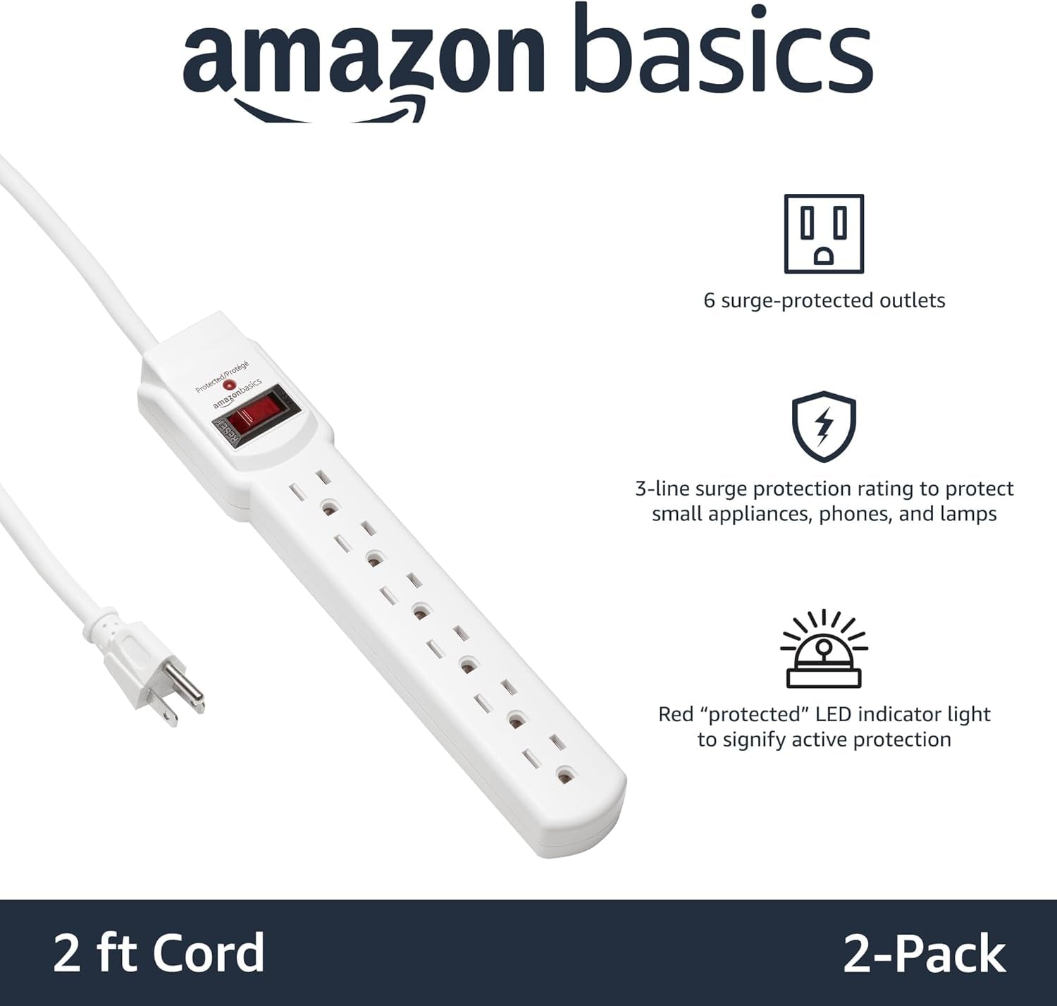 6-Outlet Surge Protector – 2-Pack White, 2Ft Cord