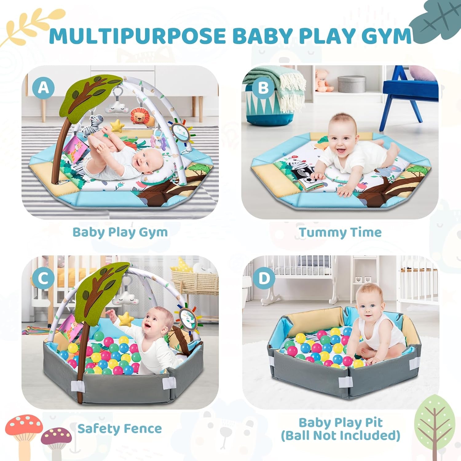 Baby Gym Play Mat, 8-In-1 Tummy Time Mat & Ball Pit with 6 Toys, Washable Baby Activity Play Mat for Visual, Hearing, Sensory, Motor Development, Baby Toys Gift for Toddler Infant 0-3-6-9-12 Month