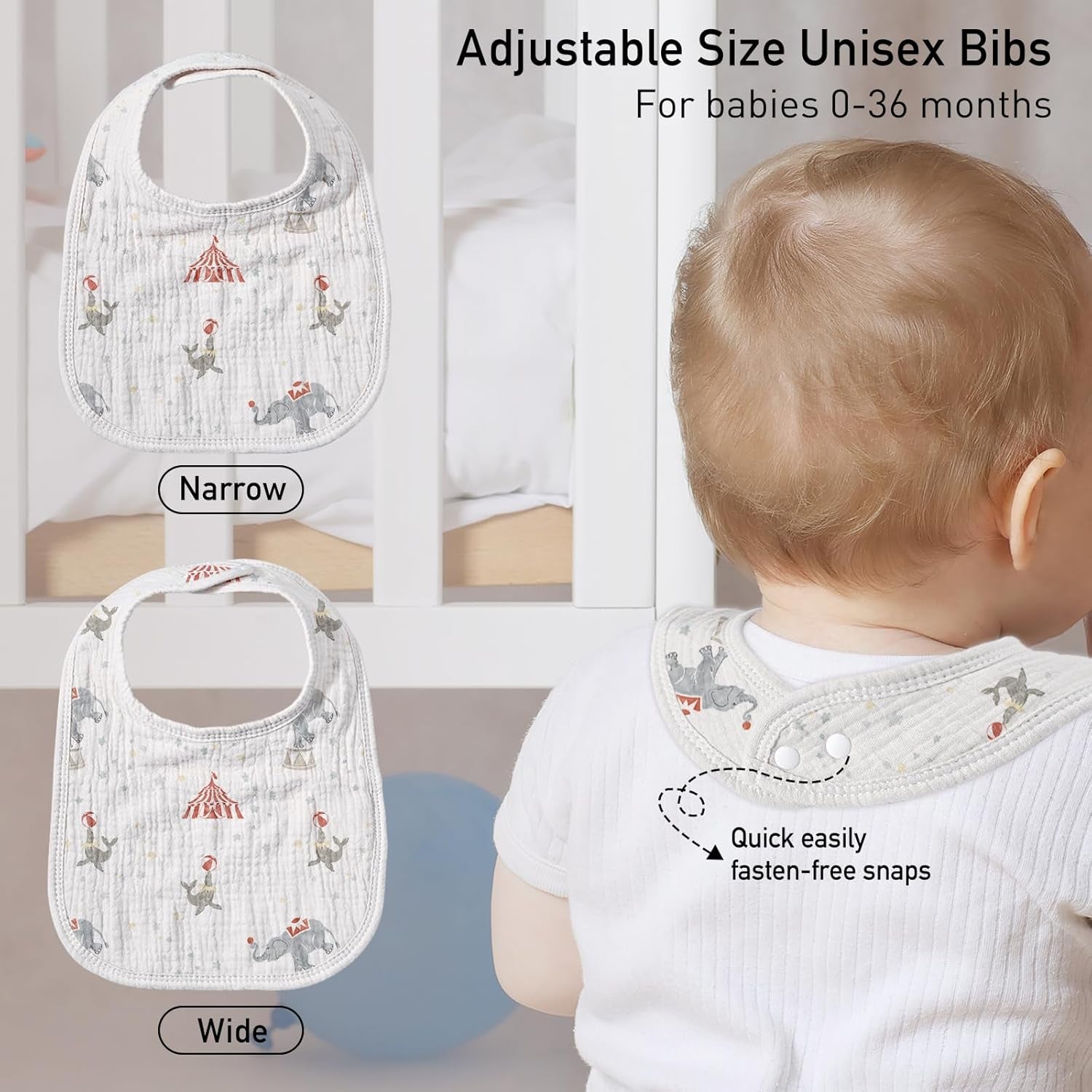 Muslin Drool Bibs for Boys Girls 8 Pack, Adjustable Baby Bibs for Drooling and Teething, Soft Cotton Baby Bandana Bib for Newborn Feeding Essentials (Circus)