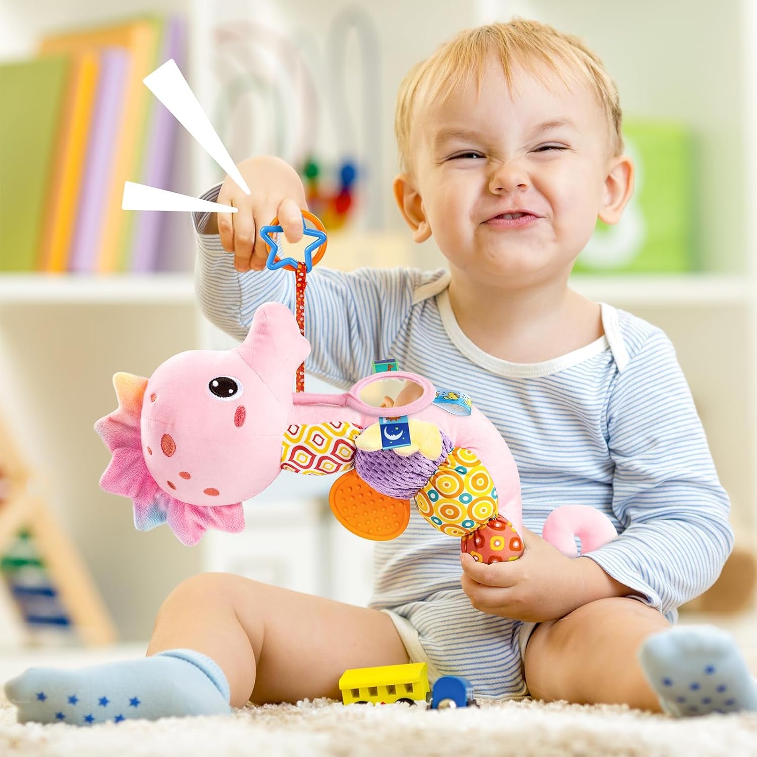 Baby Toys Musical Seahorse Stuffed Animals Infant Toys 0-6-12 Months with Mirror|Rattles|Crinkle|Baby Teething Toys,Sensory Toys for Tummy Time Newborn Boys Girls Birthday Gifts(Rose Pink)