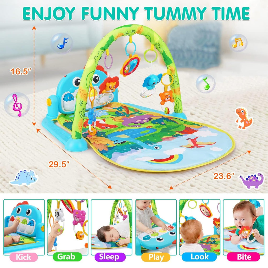 Baby Gym Play Mats Baby Tummy Time Mat Musical Activity Center for Newborn Infant Piano Babies Play Mat Music & Light Newborn Infant Gifts for Babies 0-3 6 9 12 Months Dinosaur Style