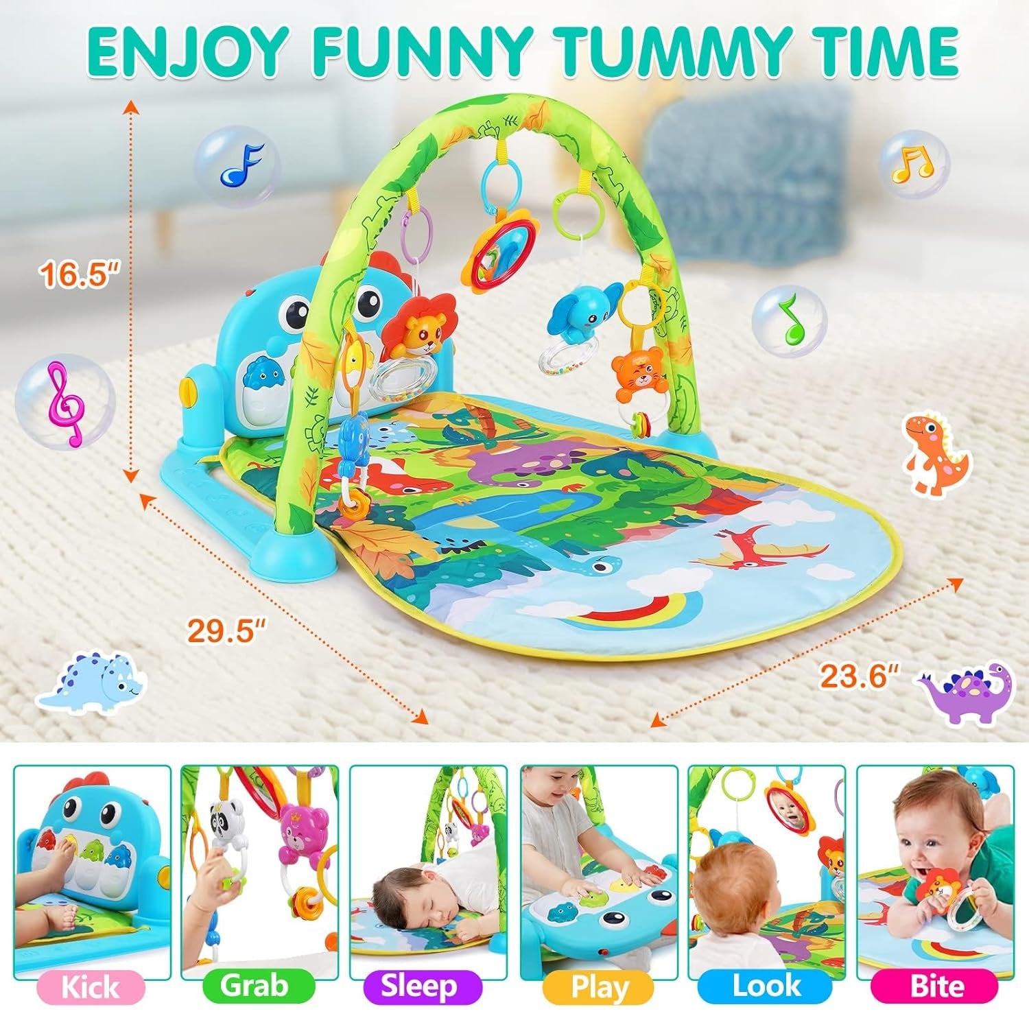 Baby Gym Play Mats Baby Tummy Time Mat Musical Activity Center for Newborn Infant Piano Babies Play Mat Music & Light Newborn Infant Gifts for Babies 0-3 6 9 12 Months Dinosaur Style